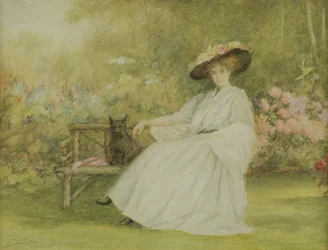 Dame und ihr Hund in Corsham Court, ca. 1914